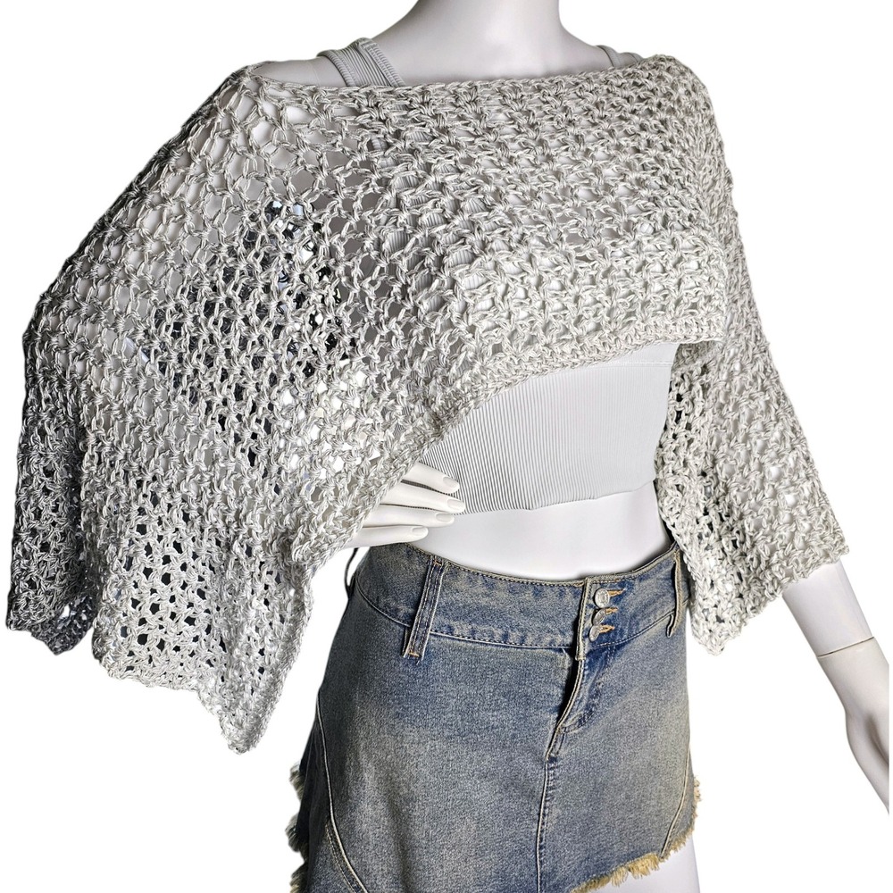 Handmade Crochet Shrug Gray Ombre Open Knit Festival Wrap Shawl - Picture 9 of 11